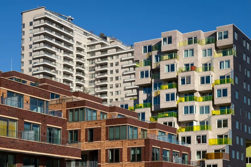 View of dense high-rise apartment buildings in Amsterdam, the Netherlands